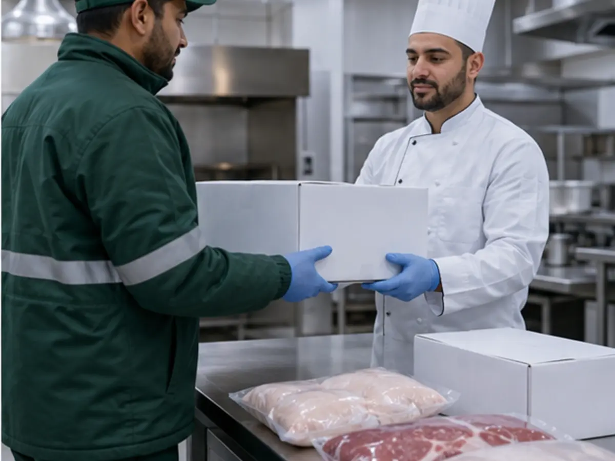 Commercial kitchen receiving frozen chicken and meat supply
