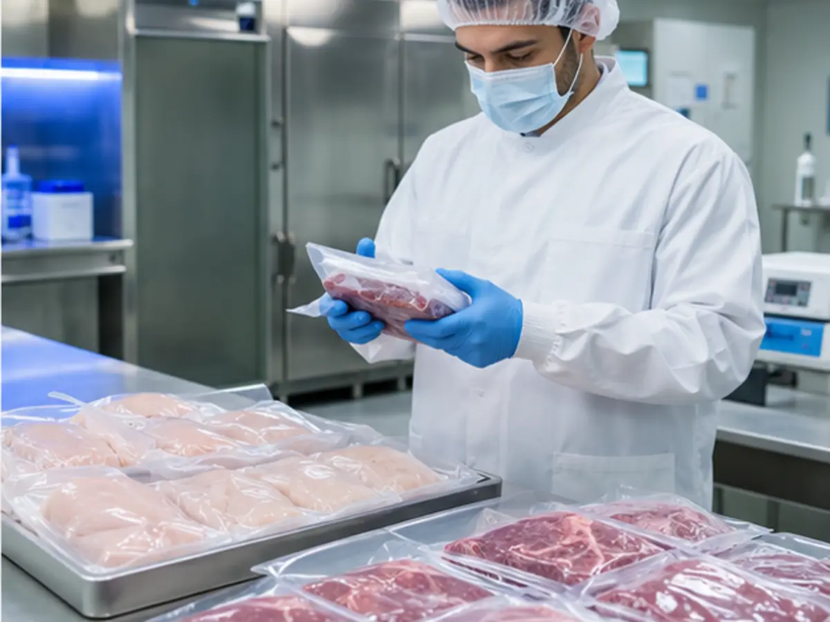 Quality-control technician inspecting packaged frozen chicken and meat